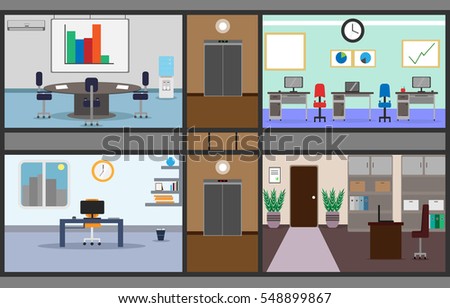 illustration of a set of offices and a hall for conferences was in one image in a building with a corridor and elevator, with furniture, appliances and other office objects