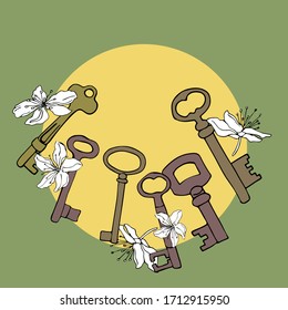 illustration set ofold keys with flowers on a yellow,green background
