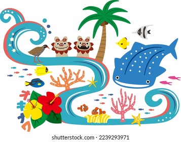 An illustration set of Okinawa such as shisa, whale shark, palm, tropical fish, hibiscus.