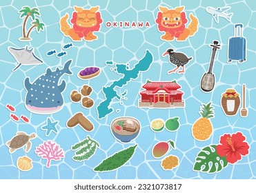 Illustration set of Okinawa with white border