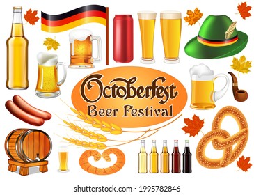 Illustration set for oktoberfest festive poster with barrel and mug of beer and spikelets, pretzels and sausages 