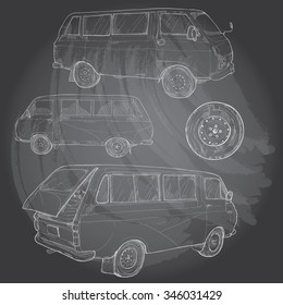 illustration set of old van car. chalk drawing
