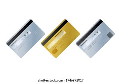 Illustration set on the back of three types of credit cards (blue, gold, platinum)