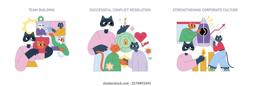 Illustration set on workplace dynamics featuring teamwork, conflict resolution, and corporate culture. Cats symbolize collaboration, effective communication, and positive workplace environment