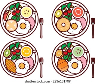 Illustration set of one plate of various ham and eggs