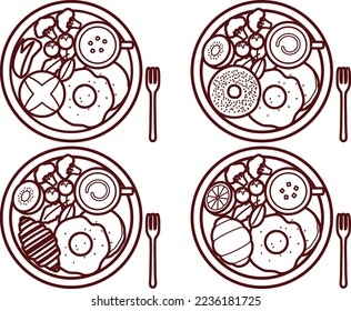 Illustration set of one plate of various ham and eggs