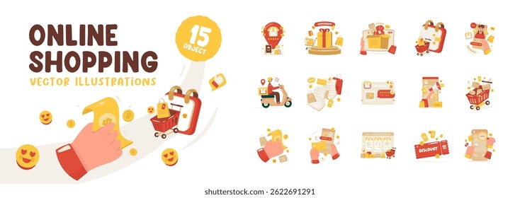 Ilustração conjunto de conceito de compras on-line, Coleção conjunto de ícone de objeto para comércio eletrônico, Projeto vetorial