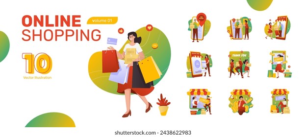 Conjunto de ilustración de compras en línea, Mega conjunto de comercio electrónico minorista pedido de compra de negocios vector diseño plano