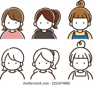 Ilustración de sólo la parte superior del cuerpo de tres niñas con peinados y ropa diferentes