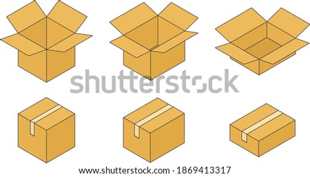 Illustration set of open and closed cardboard box, outline