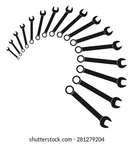Illustration of a set of open ring combined metric wrenches. From 6 mm to 21 mm.