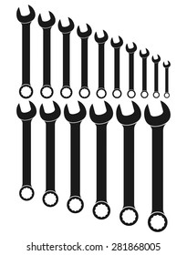 Illustration of a set of open ring combined metric wrenches. From 6 mm to 21 mm. All main elements well organized and sorted in layers for designer convenience.