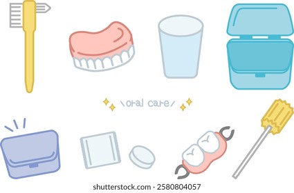 Illustration set of oral care products for nursing care