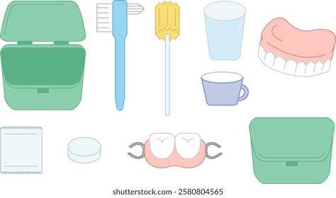 Illustration set of oral care products for nursing care