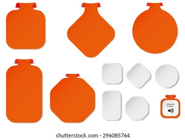 Illustration with set of orange infographic sign templates with different shapes as rectangle, ring, bar or octagon with one folded overlapped end plus five additional shapes with white color.