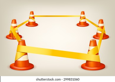 illustration of set of orange white cones with yellow ribbon