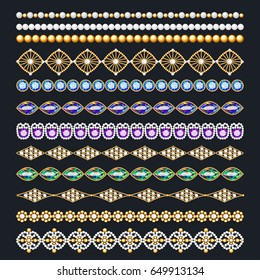 Illustration set of ornamental borders of beads of gold color and precious stones and pearls