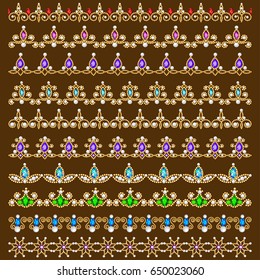 Illustration set of ornamental borders of beads of gold color and precious stones and pearls