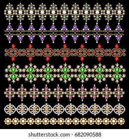 Illustration set of ornamental borders of beads of gold color and precious stones and pearls