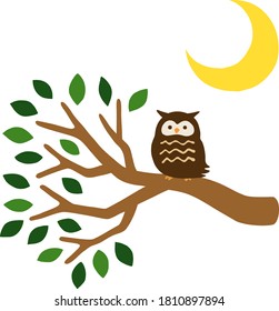 Illustration set of an owl perched on a leafy tree branch and a crescent moon