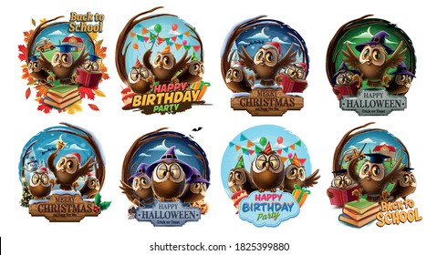 ILLUSTRATION SET WITH OWLS CHRISTMAS HALLOWEEN SCHOOL AND BIRTHDAY PARTY