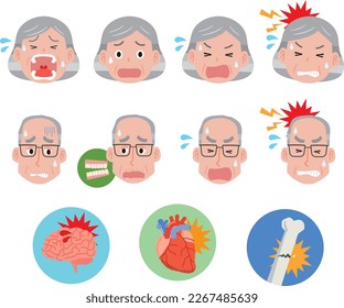 Illustration set of painful faces of elderly men and women