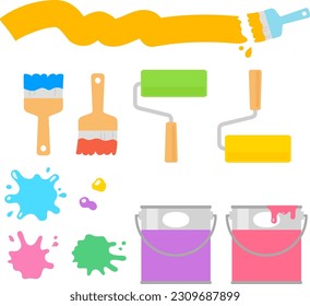Illustration set of paint cans with brushes and rollers