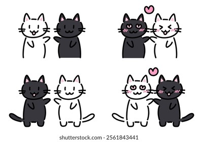 Illustration set of a pair of white and black cats