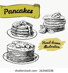 illustration of set of pancakes with fillings and additives. Vector illustration, hand drawn. graphics