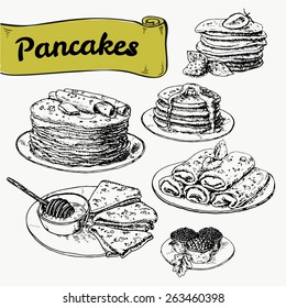 illustration of set of pancakes with fillings and additives. Vector illustration, hand drawn. graphics