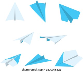 Illustration set of paper airplanes seen from various angles