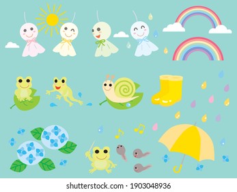 Illustration set of a paper doll to which children pray for fine weather, hydrangea and frog of the rainy season