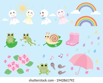 Illustration set of a paper doll to which children pray for fine weather, hydrangea and frog of the rainy season