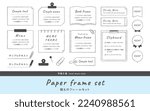Illustration set of paper stationery frame, memo, notebook, sticky note. (Translation of Japanese text: "Sample text", "Simple memo", "Binder", "Paper frame set")