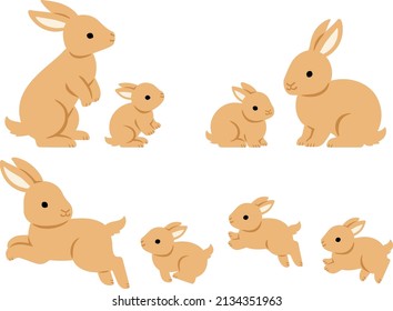 Illustration set of parents and children of brown rabbits in various poses (standing, sitting, running)