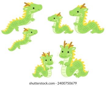 Illustration set of parents and children of Chinese style long green dragons