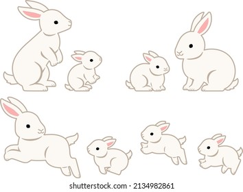 Illustration set of parents and children of white rabbits in various poses (standing, sitting, running)