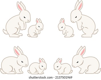 Illustration set of parents and children of white rabbit bowing
