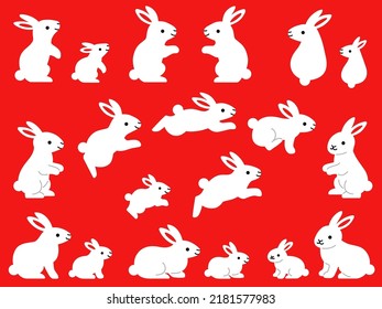 Illustration set of parents and children of white rabbits in various poses
