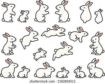 Illustration set of parents and children of white rabbits in various poses with outline