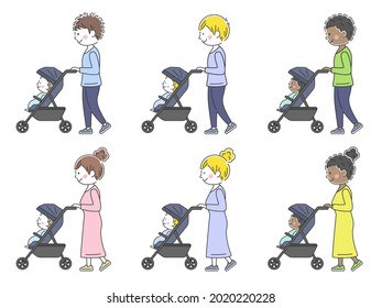 Illustration set of parents pushing a stroller.