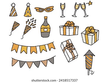 Illustration set of party goods such as presents, crackers and garlands