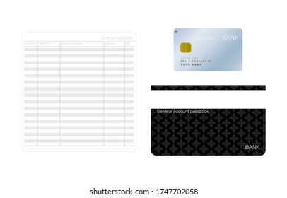 Juego de ilustraciones de una libreta de contraseñas con una libreta de contraseñas abierta y cerrada y una tarjeta de dinero