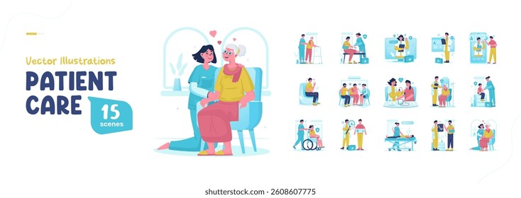 Illustration set of patient care concept, Medical healthcare scene collection, Doctor or nurse with injured patient, Vector design