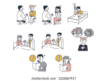 Illustration set of patients who have been notified of cancer or serious illness