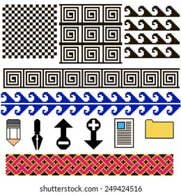 illustration set of patterns and icons pixel art