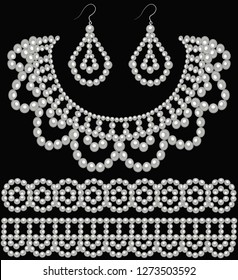 Illustration of a set of pearl earrings and necklace and ornament