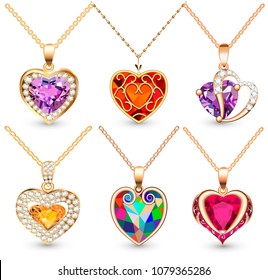 illustration set of pendants  with precious stones in the form of heart