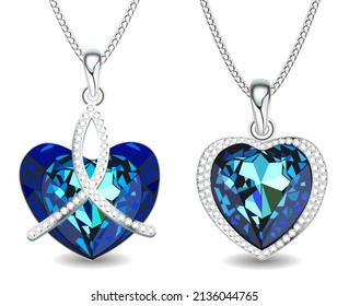 illustration set of pendants with precious stones in the form of heart