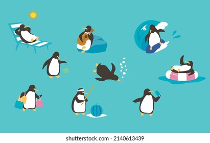 Illustration set of penguins to enjoy the summer